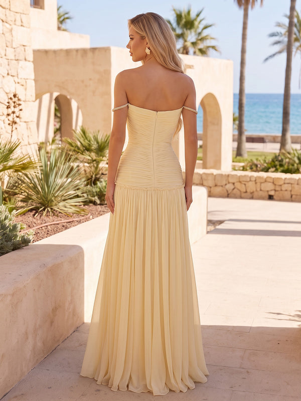 A-Line/Princess Evening Dresses Chiffon Off-The-Shoulder With Sequins Sleeveless Floor-Length Pleated Ruched Formal Dresses Zipper