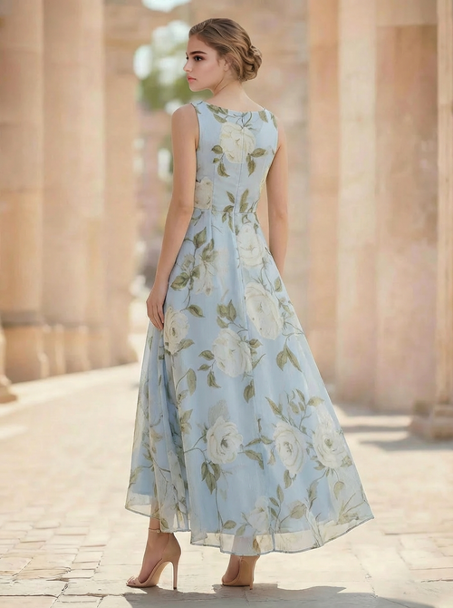 A-Line/Princesses Elegant Cocktail Floral Formal Dress Ankle Length Sleeveless Scoop Neck with Corset