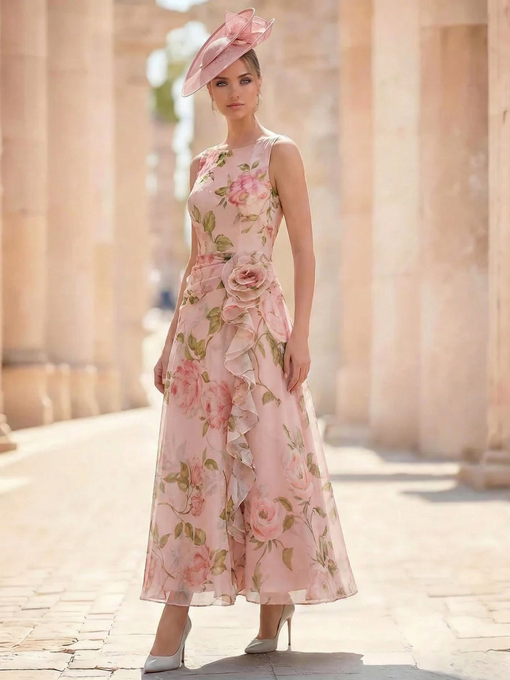 A-Line/Princesses Elegant Cocktail Floral Formal Dress Ankle Length Sleeveless Scoop Neck with Corset