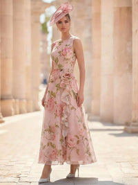 A-Line/Princesses Elegant Cocktail Floral Formal Dress Ankle Length Sleeveless Scoop Neck with Corset