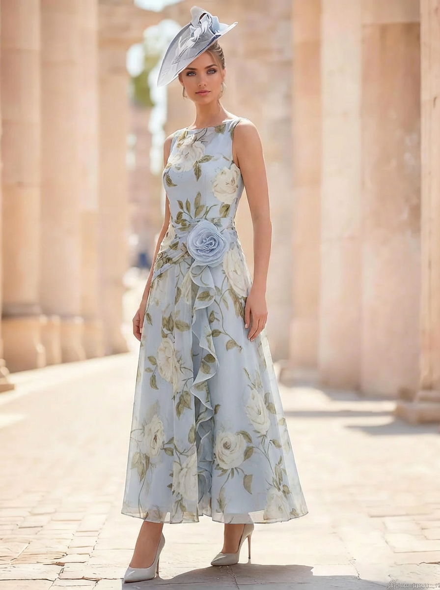 A-Line/Princesses Elegant Cocktail Floral Formal Dress Ankle Length Sleeveless Scoop Neck with Corset