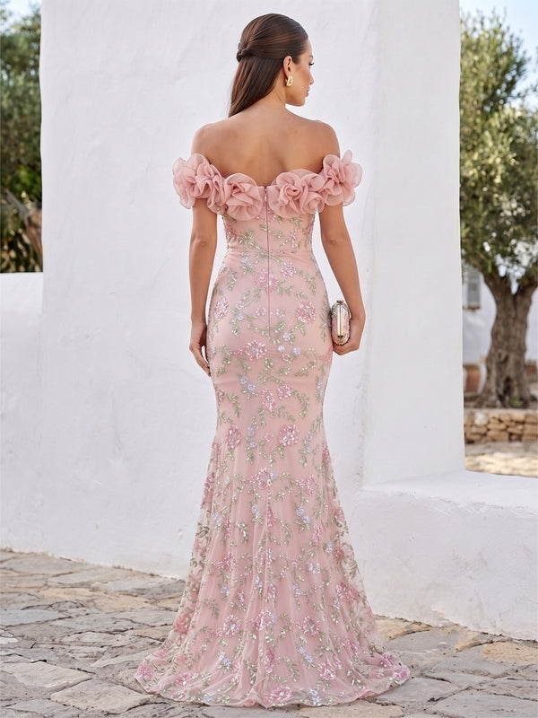 Mermaid Evening Dresses Floral Sequins Off-The-Shoulder With 3D Flowers Sleeveless Floor-Length Formal Dresses Zipper