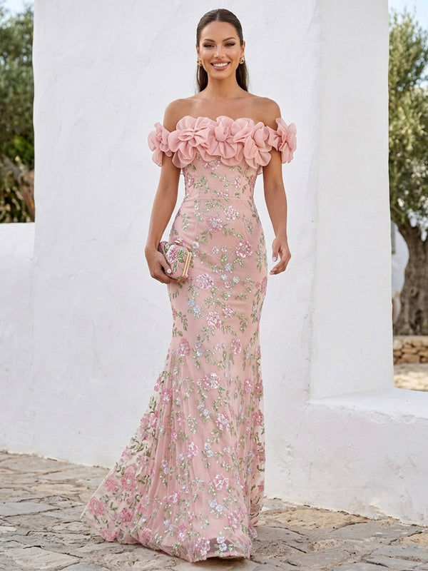 Mermaid Evening Dresses Floral Sequins Off-The-Shoulder With 3D Flowers Sleeveless Floor-Length Formal Dresses Zipper