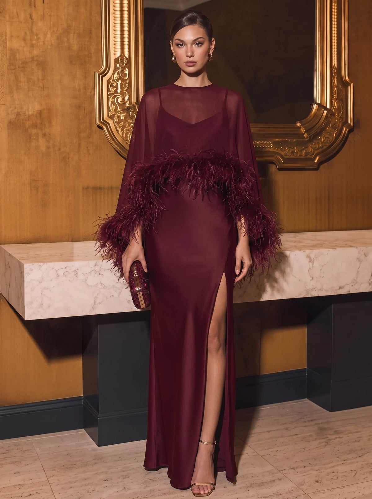 A字裙/公主裙雪纺晚礼服，带羽毛V领短袖正式褶边连衣裙