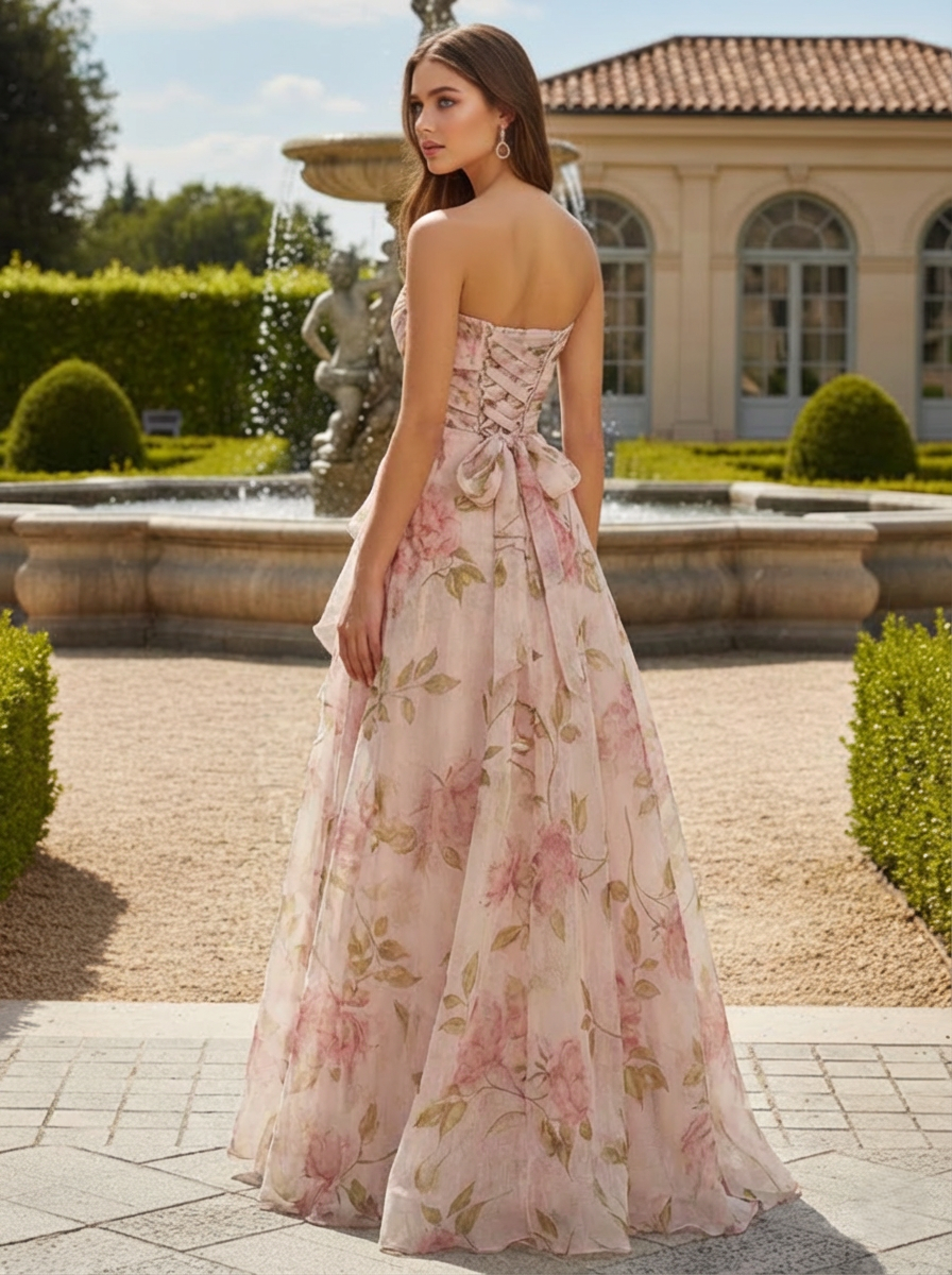 A-Line/Princess Prom Floor Length Sleeveless Sweetheart Elegant Evening Dresses with Floral Corset