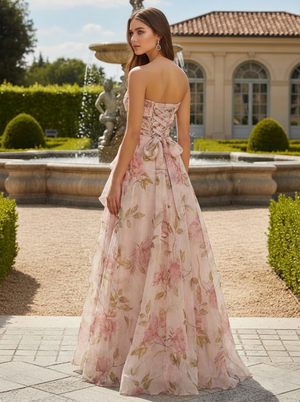 A-Line/Princess Prom Floor Length Sleeveless Sweetheart Elegant Evening Dresses with Floral Corset