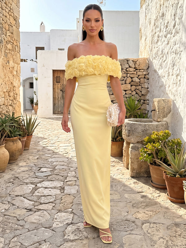 Sheath/Column Evening Dresses Satin Off-The-Shoulder With 3D Flowers Sleeveless Floor-Length Formal Dresses Zipper