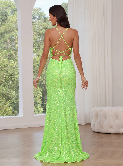 Trumpet/Mermaid Green Sequins Prom Dress Spaghetti Straps High Split Floor-Length Sparkle Dress Formal Party Ruched