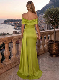 A-Line/Princess Satin Evening Dresses Elegant Formal Dress Floor Length Sleeveless Off The Shoulder With Overskirt
