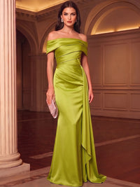 A-Line/Princess Satin Evening Dresses Elegant Formal Dress Floor Length Sleeveless Off The Shoulder With Overskirt