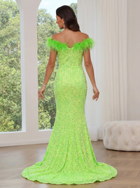 Trumpet/Mermaid Feather Prom Dress Off Shoulder High Split Floor-Length Sparkle Dress Formal Party Sequins