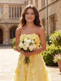 A-Line/Princess Long Tulle Prom Strapless Evening Party Dresses with Floral Applique