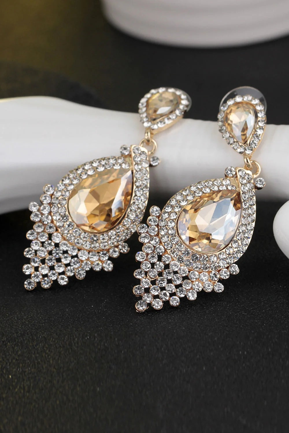 Formal Alloy Rhinestone Tear Drop Shaped Champagne Earrings