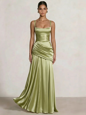A Line/Princesses Evening Dresses Ruched Satin Spaghetti Straps Floor-Length Formal Dress Wedding Guest