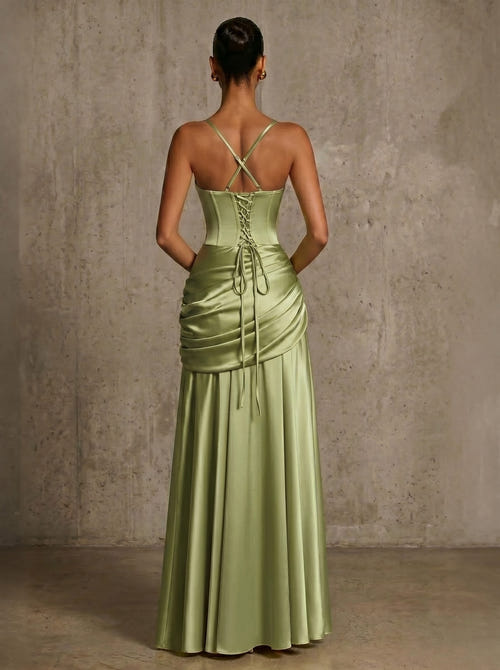 A Line/Princesses Evening Dresses Ruched Satin Spaghetti Straps Floor-Length Formal Dress Wedding Guest