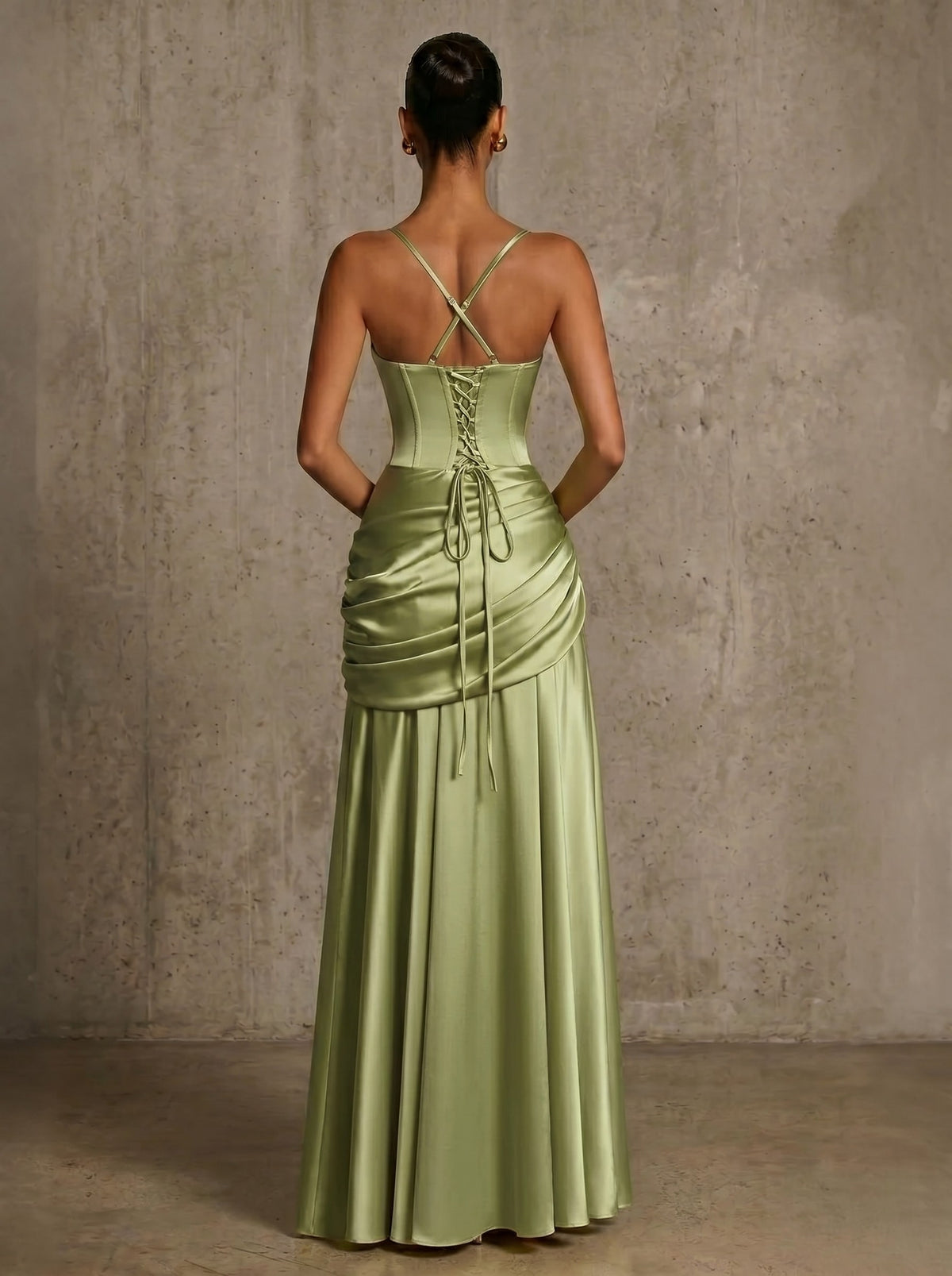 A Line/Princesses Evening Dresses Ruched Satin Spaghetti Straps Floor-Length Formal Dress Wedding Guest