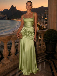 A Line/Princesses Evening Dresses Ruched Satin Spaghetti Straps Floor-Length Formal Dress Wedding Guest