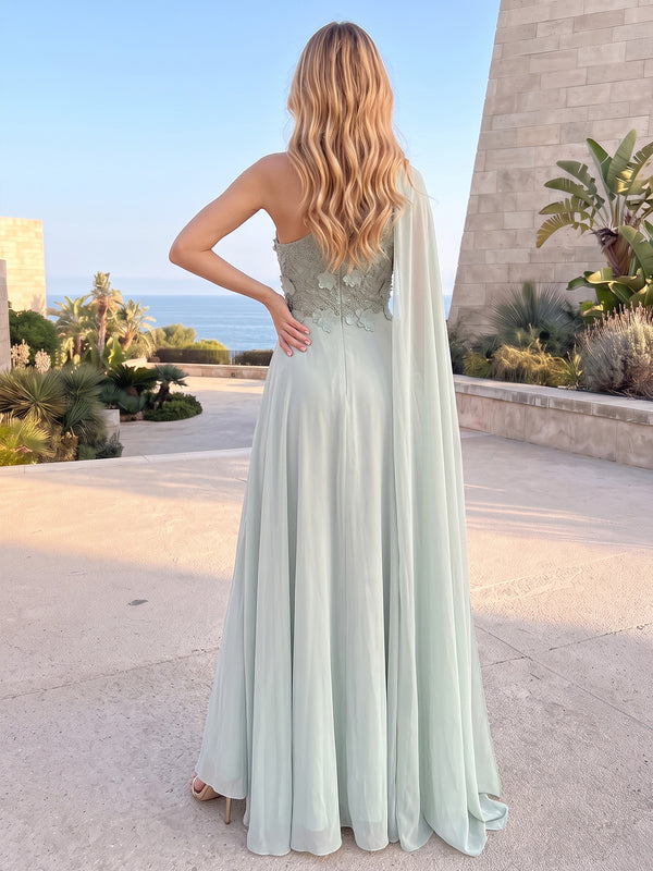 A-Line/Princess Evening Dresses Chiffon Embroidery Appliques One-Shoulder Drape Sleeveless Floor-Length Pleated Formal Dresses