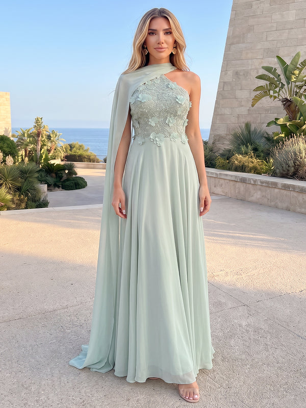 A-Line/Princess Evening Dresses Chiffon Embroidery Appliques One-Shoulder Drape Sleeveless Floor-Length Pleated Formal Dresses