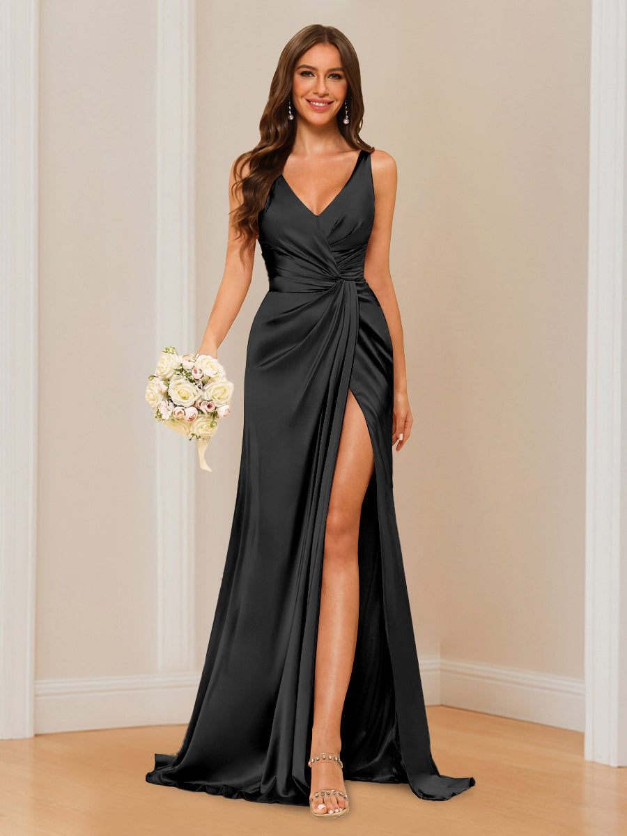 Sheath V-Neck Sleeveless Floor-Length Bridesmaid Dress with Ruched