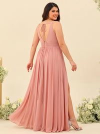 A-Line/Princess Halter Plus Size Long Bridesmaid Dresses with Split Side & Ruffles