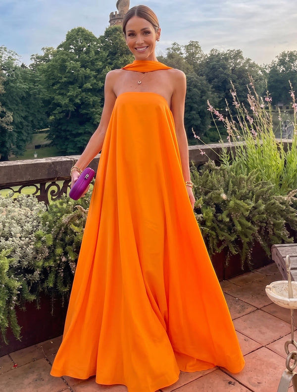 A Line/Princesses Evening Dresses Orange Halter Neck Chiffon Strapless Floor-Length Formal Dress Wedding Guest Tent Dress With Scarf