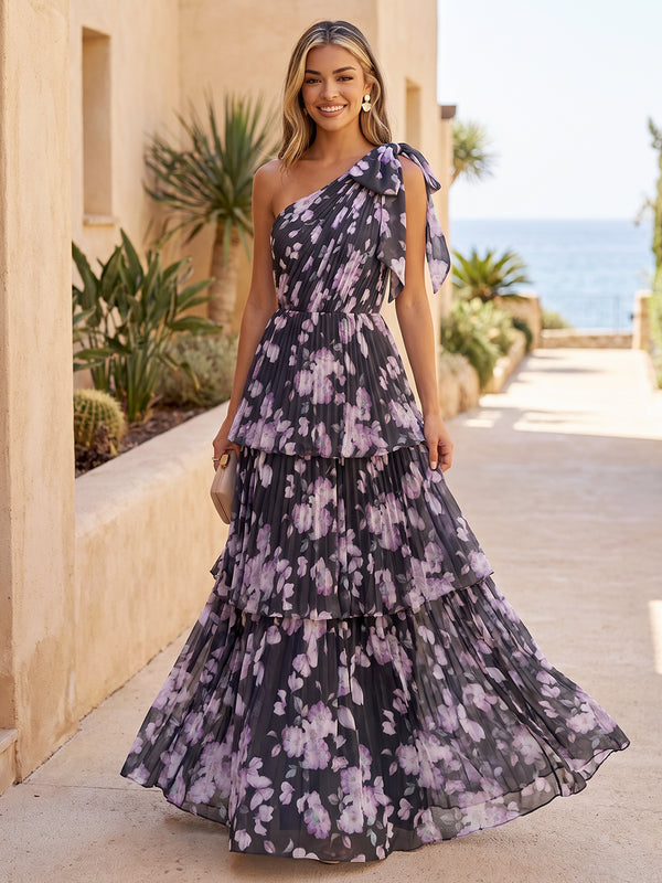 A-Line/Princess Evening Dresses Printed Chiffon One-Shoulder With Bow Sleeveless Floor-Length Pleated Tiered Ruffles Formal Dresses