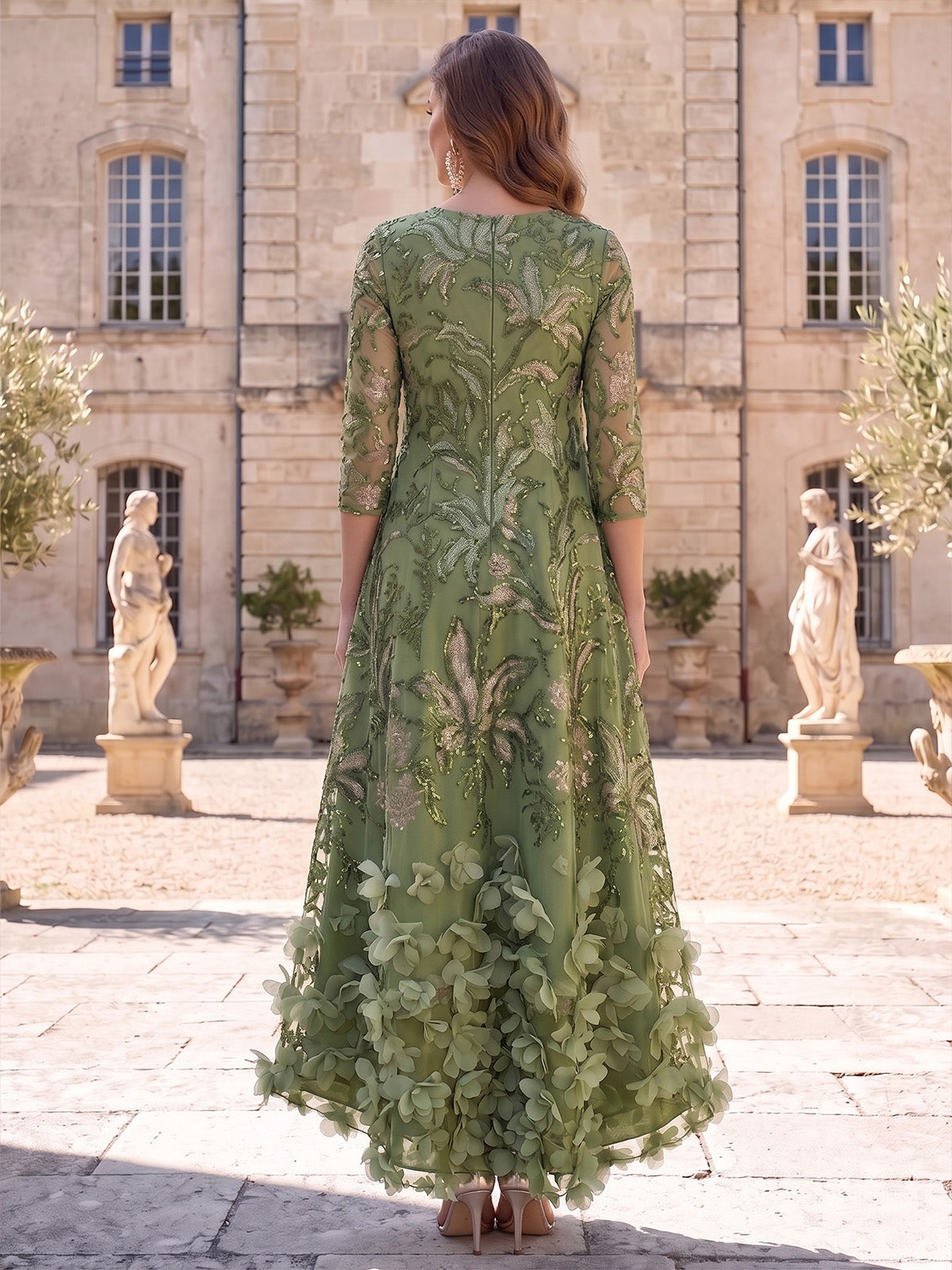 A-Line/Princess Evening Dresses Formal Dresses Sequined Embroidery 3D Floral Appliques Bateau Neck Long Sleeves Asymmetrical Tent Dresses Zipper