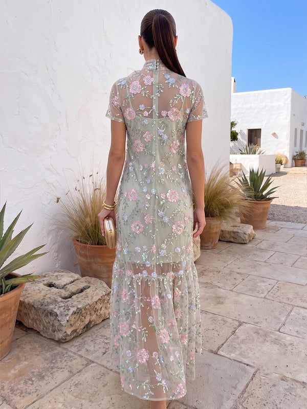 A-Line/Princess Evening Dresses Floral Sequins High Neck With Bow Short Sleeves Floor-Length Formal Dresses Zipper Covered Button