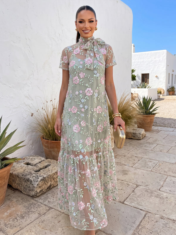 A-Line/Princess Evening Dresses Floral Sequins High Neck With Bow Short Sleeves Floor-Length Formal Dresses Zipper Covered Button