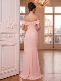 Sheath/Column Evening Dresses Sequined Satin Off-The-Shoulder Short Sleeves Floor-Length Ruched Formal Dress With Floral