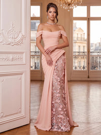 Sheath/Column Evening Dresses Sequined Satin Off-The-Shoulder Short Sleeves Floor-Length Ruched Formal Dress With Floral