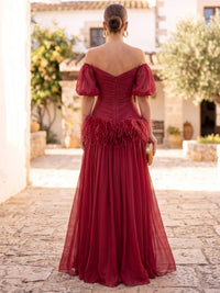 A-Line/Princess Evening Dresses Chiffon Pleated Off The Shoulder 1/2 Sleeves Floor-Length Ruched Formal Dresses With Feather Fur Zipper
