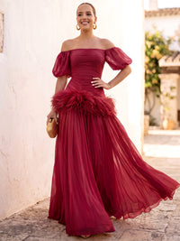 A-Line/Princess Evening Dresses Chiffon Pleated Off The Shoulder 1/2 Sleeves Floor-Length Ruched Formal Dresses With Feather Fur Zipper