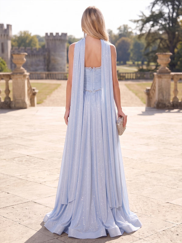 A-Line/Princess Evening Dresses Sequins Appliques Pleated Strapless Sleeveless Floor-Length Ruched Zipper Formal Dresses With Scarf