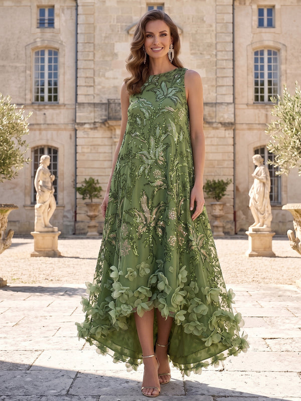 A-Line/Princess Evening Dresses Formal Dresses Sequined Embroidery 3D Floral Appliques Bateau Neck Sleeveless Asymmetrical Tent Dresses Zipper