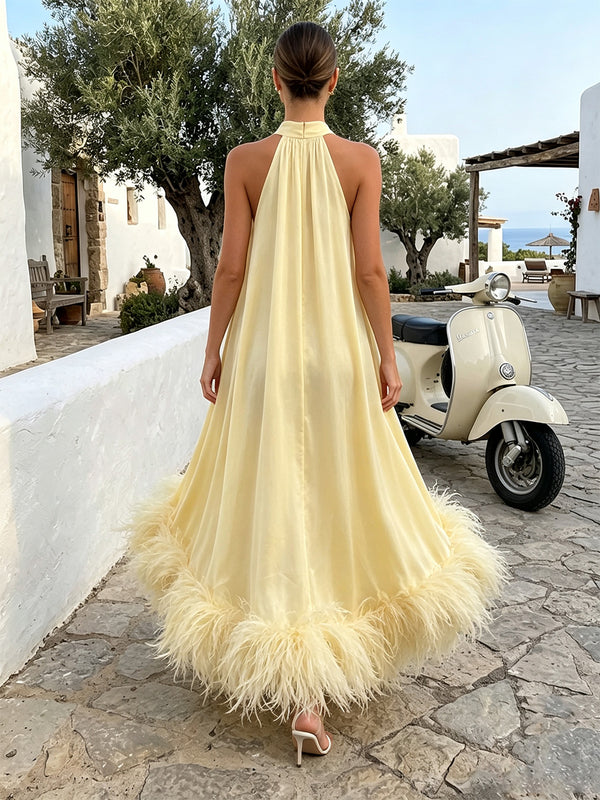A-Line/Princess Evening Dresses Elegant Satin Halter Sleeveless Asymmetrical With Feathers