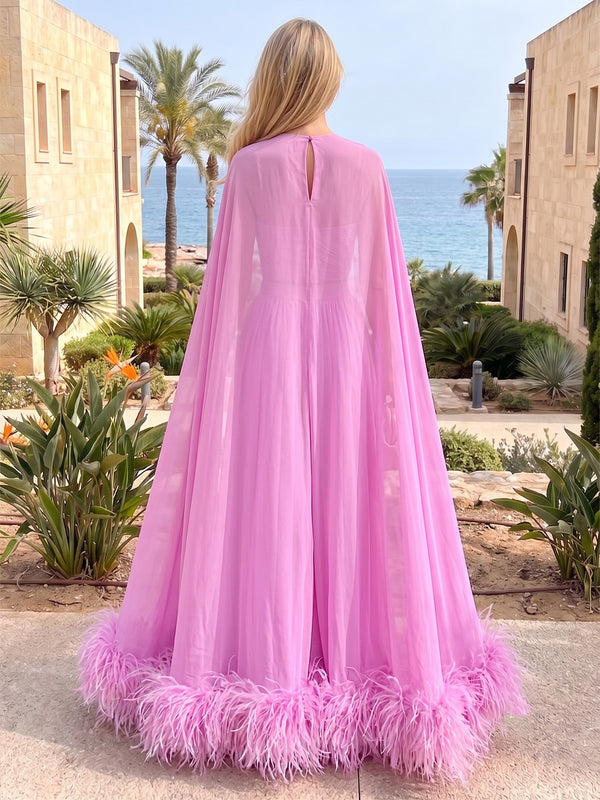 A-Line 2 piece Evening Dresses Chiffon Strapless Sleeveless Floor-Length With Cape Feathers Covered Button