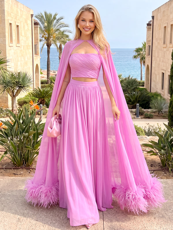 A-Line 2 piece Evening Dresses Chiffon Strapless Sleeveless Floor-Length With Cape Feathers Covered Button