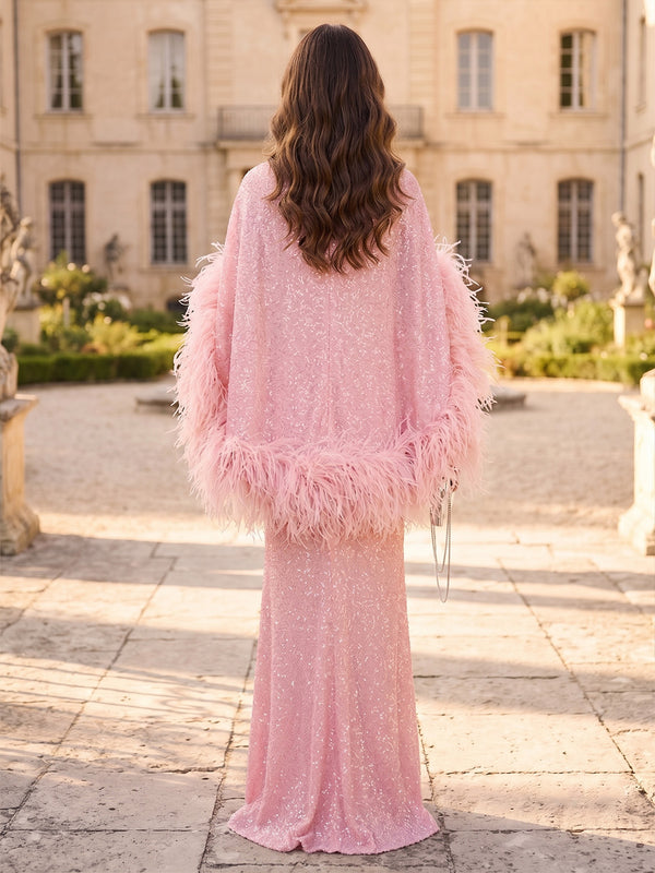 Sheath/Column Evening Dresses Sequins Bateau Neck Cape Sleeves Floor-Length With Feathers
