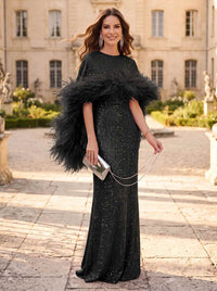 Sheath/Column Evening Dresses Sequins Bateau Neck Cape Sleeves Floor-Length With Feathers