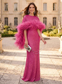 Sheath/Column Evening Dresses Sequins Bateau Neck Cape Sleeves Floor-Length With Feathers