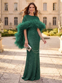 Sheath/Column Evening Dresses Sequins Bateau Neck Cape Sleeves Floor-Length With Feathers