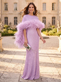 Sheath/Column Evening Dresses Sequins Bateau Neck Cape Sleeves Floor-Length With Feathers