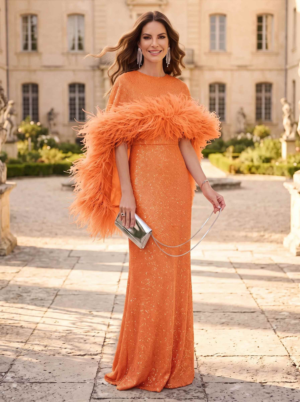 Sheath/Column Evening Dresses Sequins Bateau Neck Cape Sleeves Floor-Length With Feathers
