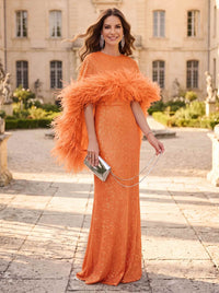 Sheath/Column Evening Dresses Sequins Bateau Neck Cape Sleeves Floor-Length With Feathers