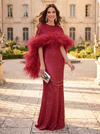 Sheath/Column Evening Dresses Sequins Bateau Neck Cape Sleeves Floor-Length With Feathers