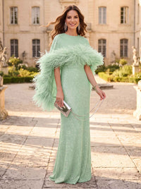 Sheath/Column Evening Dresses Sequins Bateau Neck Cape Sleeves Floor-Length With Feathers