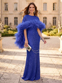 Sheath/Column Evening Dresses Sequins Bateau Neck Cape Sleeves Floor-Length With Feathers