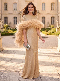 Sheath/Column Evening Dresses Sequins Bateau Neck Cape Sleeves Floor-Length With Feathers